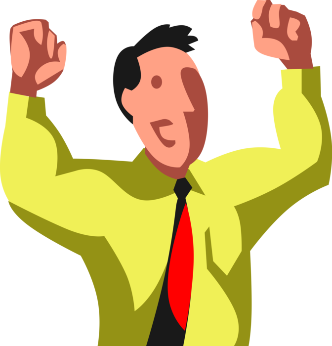 Vector Illustration of Delighted Energized Businessman Celebrates Achieving Monthly Sales Quota