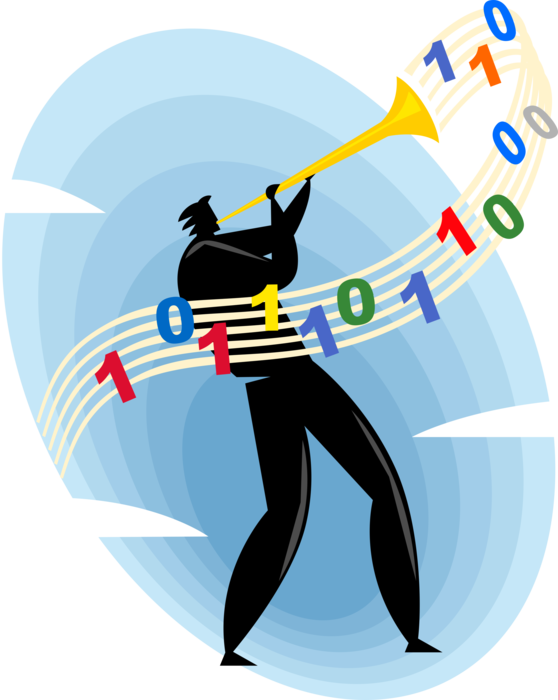 Vector Illustration of Businessman Blows Binary Code Trumpet Horn