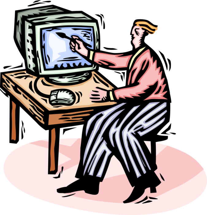 Vector Illustration of Visual Arts Digital Artist Paints on Computer Monitor Screen