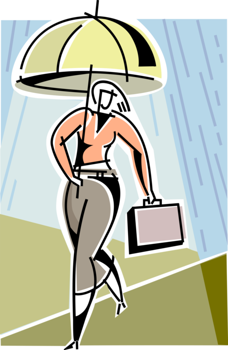 Vector Illustration of Businesswoman Walks in Rain Showers Protected with Umbrella
