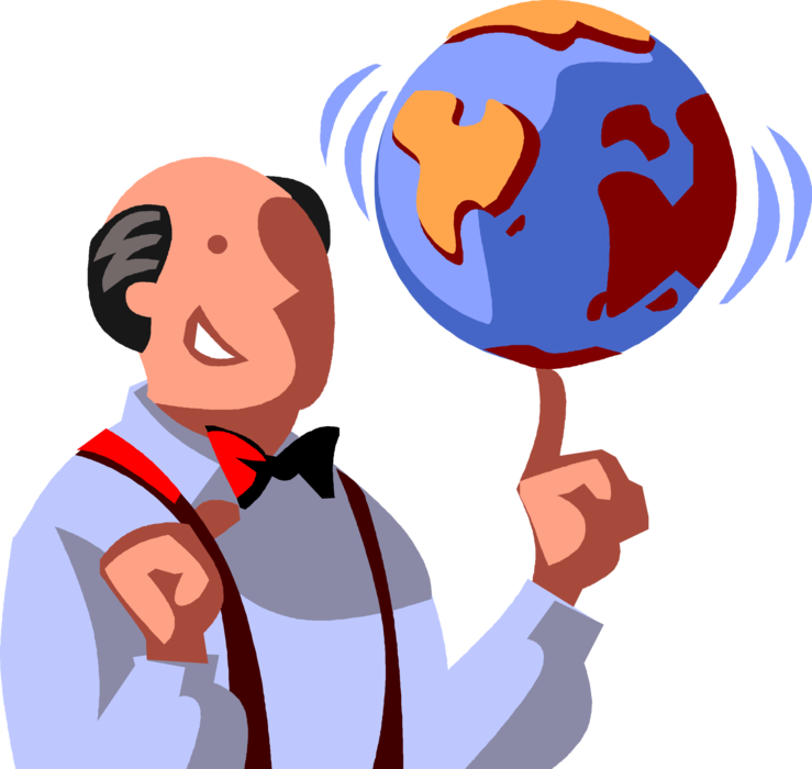 Vector Illustration of Confident, Self Assured Businessman Executive Spins Planet Earth Globe on Fingertip