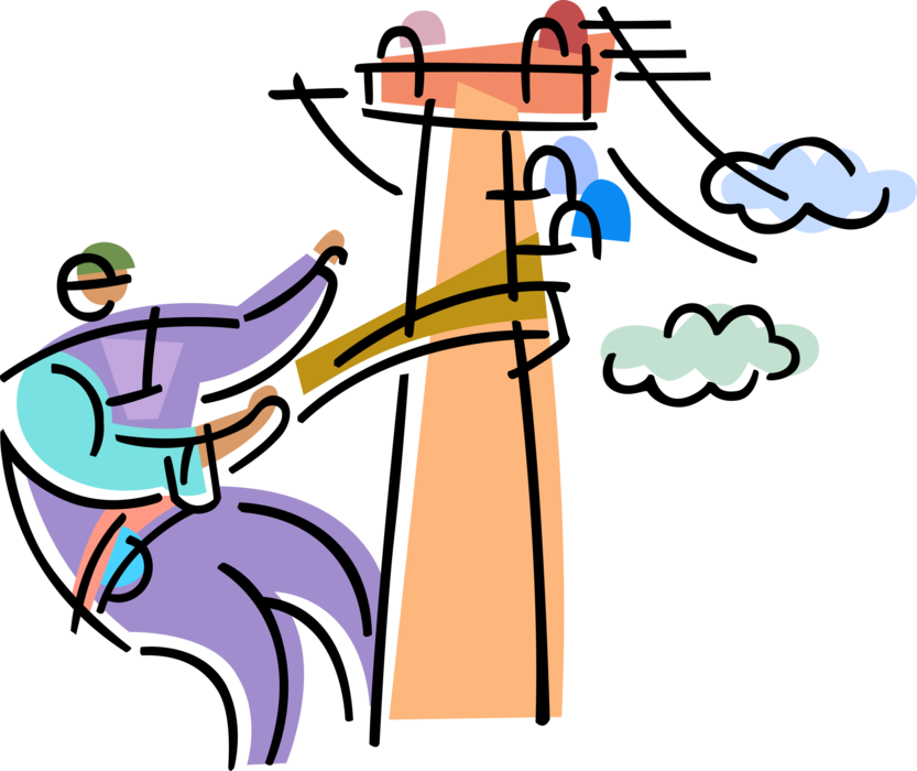Vector Illustration of Electrician Linesman Works on Transmission Tower Carrying Electrical Power Lines to Distribute Electricity