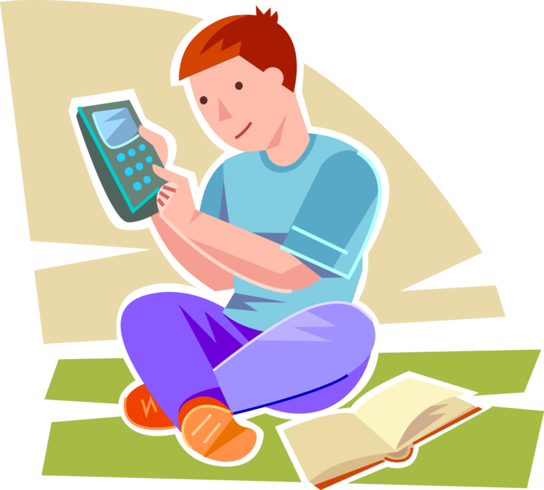 Vector Illustration of Primary or Elementary School Student Math Student Uses Calculator Portable Electronic Device to Calculate Numbers