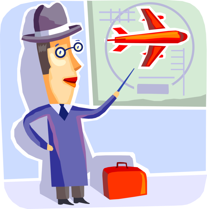 Vector Illustration of Business Traveler with Baggage and Commercial Passenger Jet Aircraft Airplane