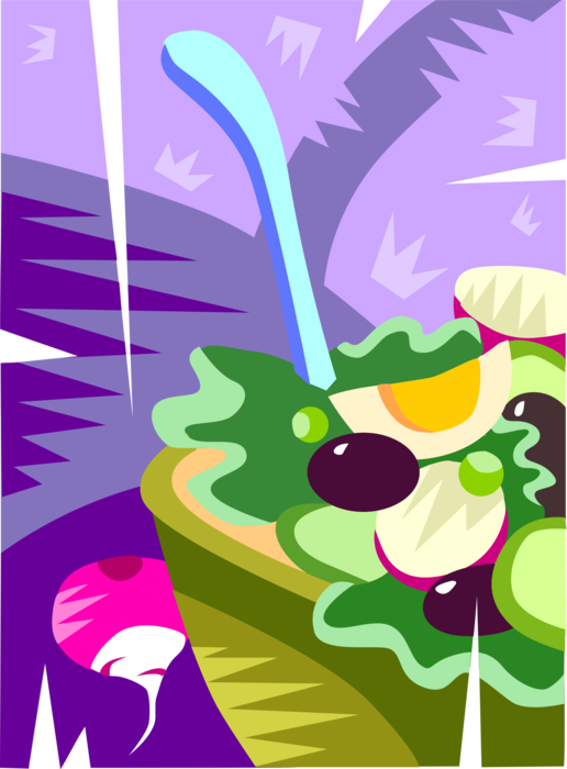Vector Illustration of Tossed Salad with Radishes, Olives, Lettuce, and Hard Boiled Eggs