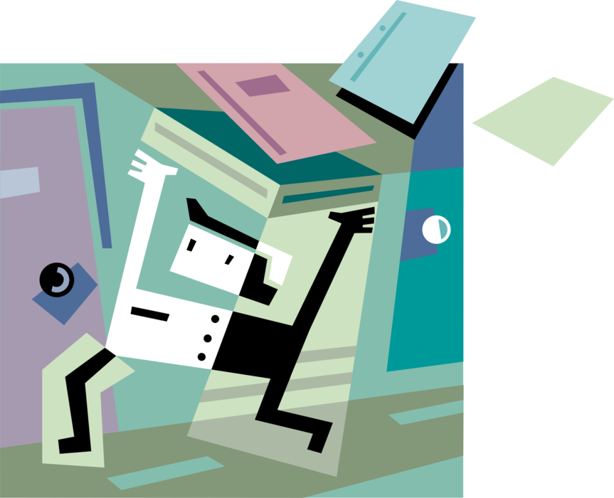 Vector Illustration of Businessman Carries Stack of Office Documents and Stumbles