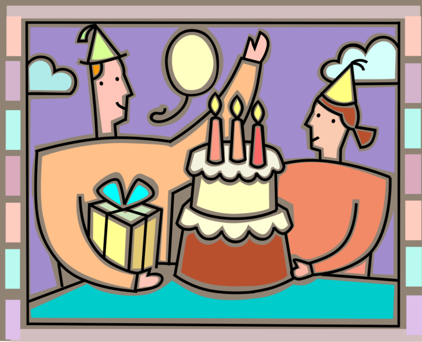 Vector Illustration of Couple Celebrate Birthday with Party Hats, Present Gift, and Sweet Dessert Birthday Cake