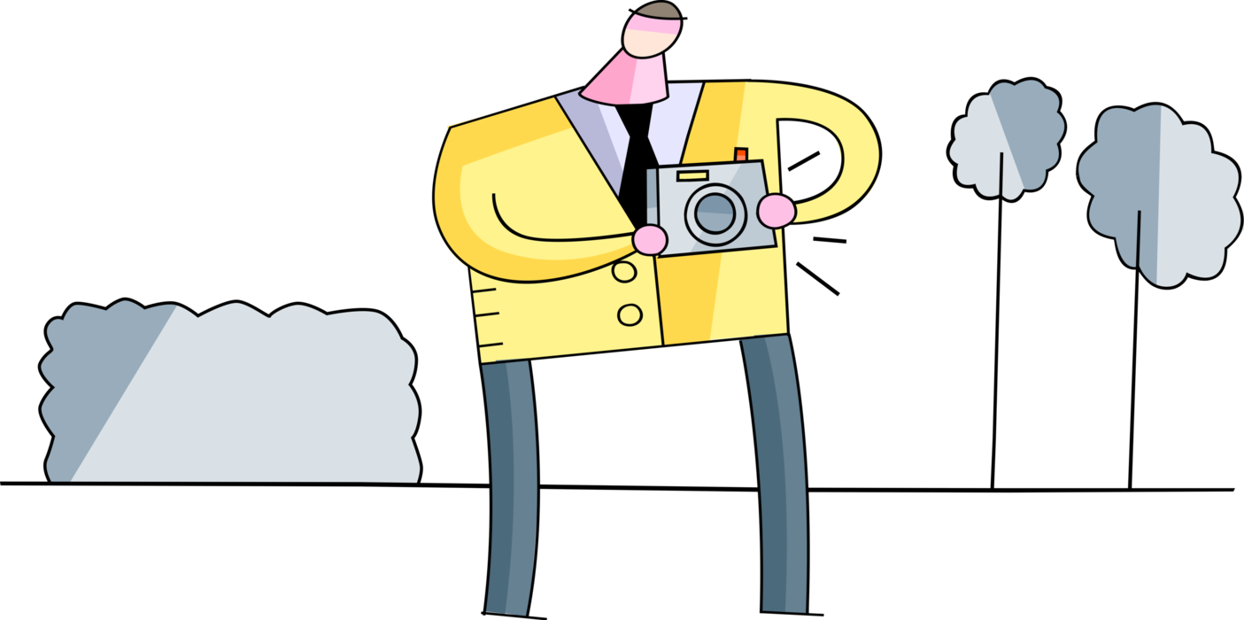 Vector Illustration of Photographer Takes Photograph Picture with Digital Camera Outdoors
