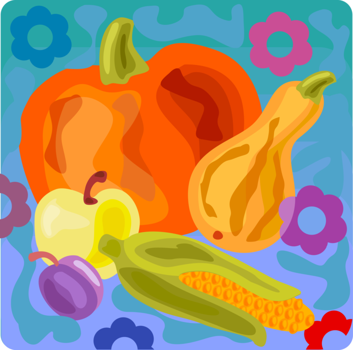 Vector Illustration of Fall or Autumn Harvest with Pumpkin Squash, Apple, Plum, Corn Husk Maize Cob