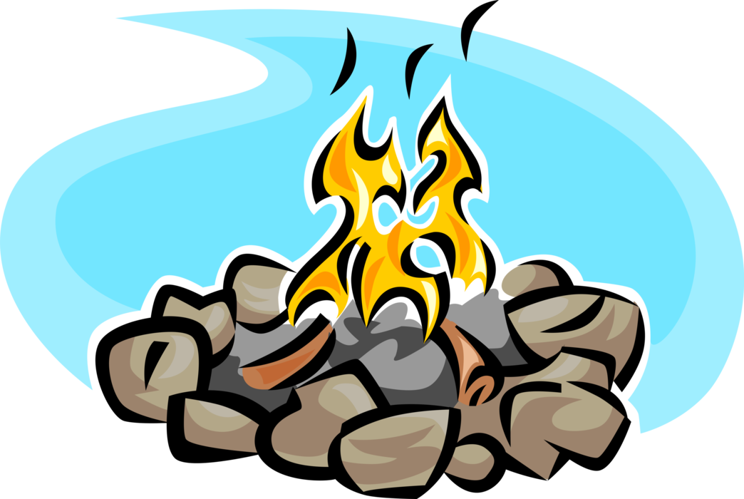 Vector Illustration of Outdoor Recreational Activity Camping Campsite Campfire Fire Provides Light and Warmth for Campers