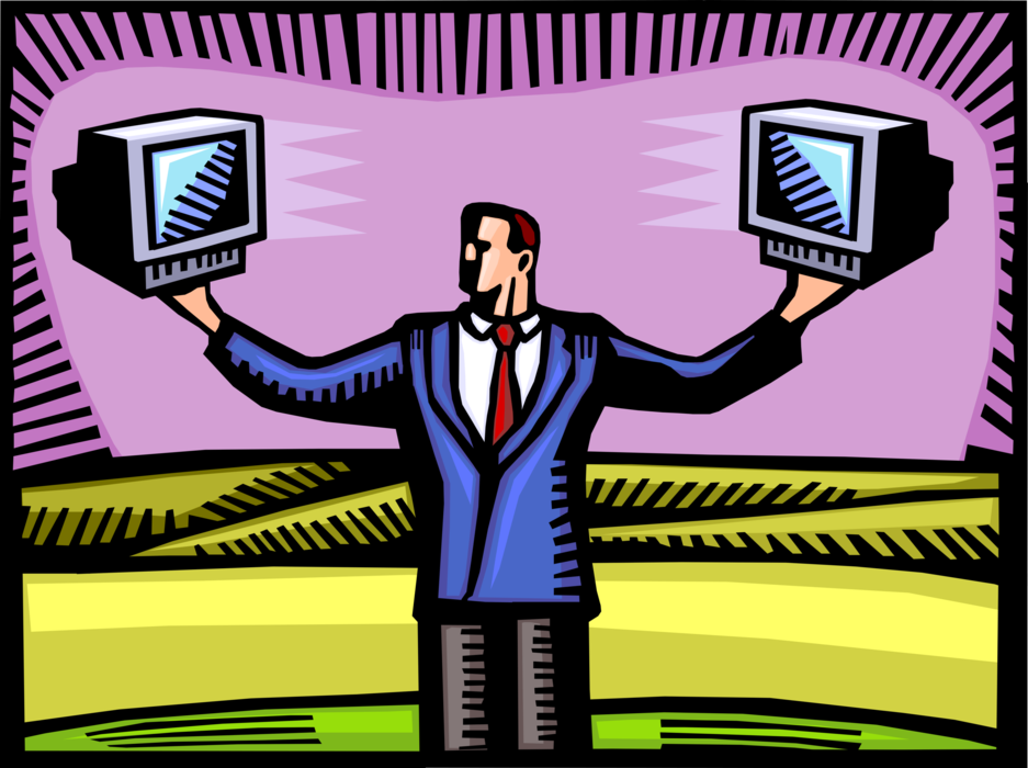 Vector Illustration of Businessman Champions Personal Computer Innovation for Economic Industrial Growth