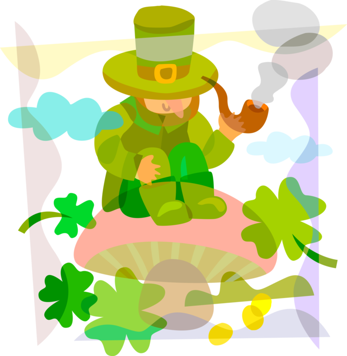 Vector Illustration of St Patrick's Day Irish Leprechaun Fairy in Irish Folklore Sitting on Mushroom Smoking Pipe