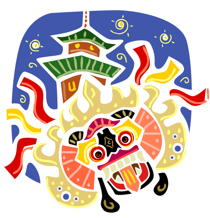 Vector Illustration of Chinese New Year Dragon Dance Festive Celebration with Pagoda Temple