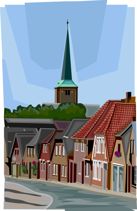 Vector Illustration of German Town with Church Steeple