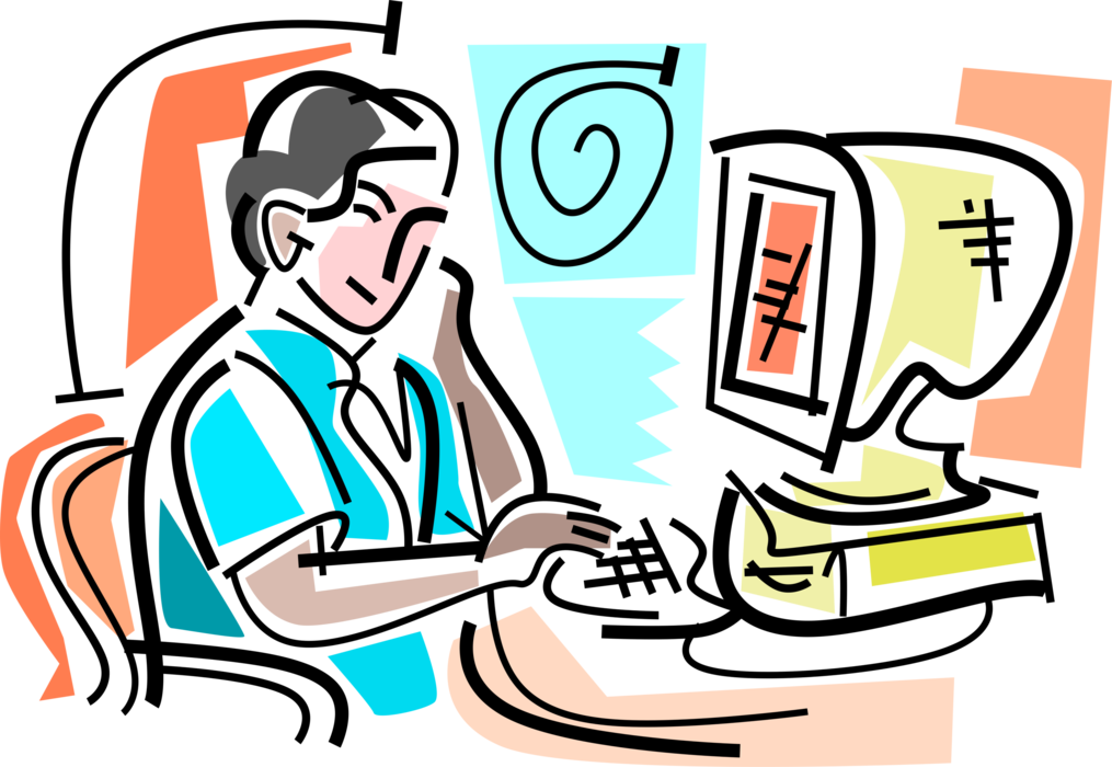 Vector Illustration of Student Accesses Online Internet on School Computer in Classroom