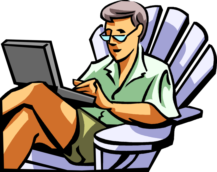 Vector Illustration of Relaxing in Deck Chair Surfing Internet with Online Notebook Computer