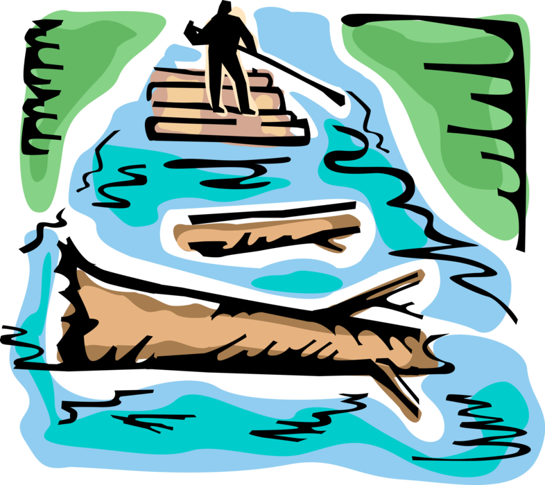 Vector Illustration of Forestry Lumber Industry Logging with Harvested Timber Logs Floating in River
