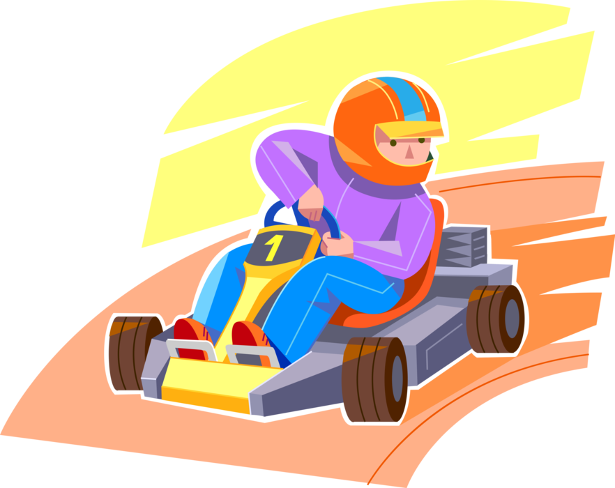 Vector Illustration of Kart Racing Boy Races Open-Wheel Motorsport Go-Cart Motorized Vehicle on Track