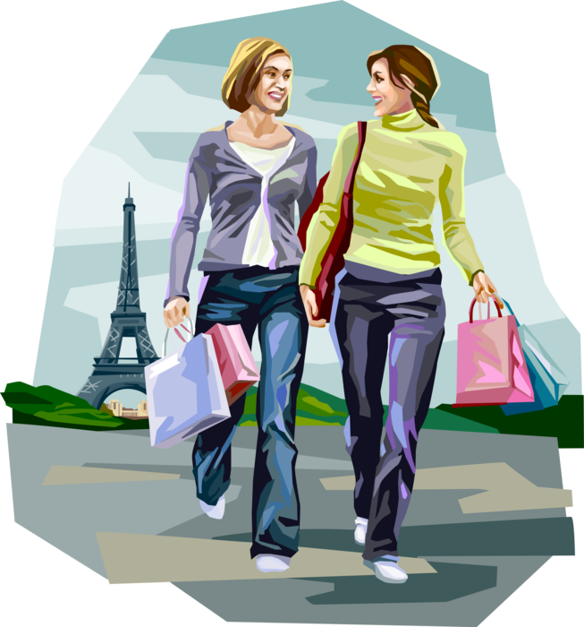 Vector Illustration of Women Go on Shopping Spree in Paris, France