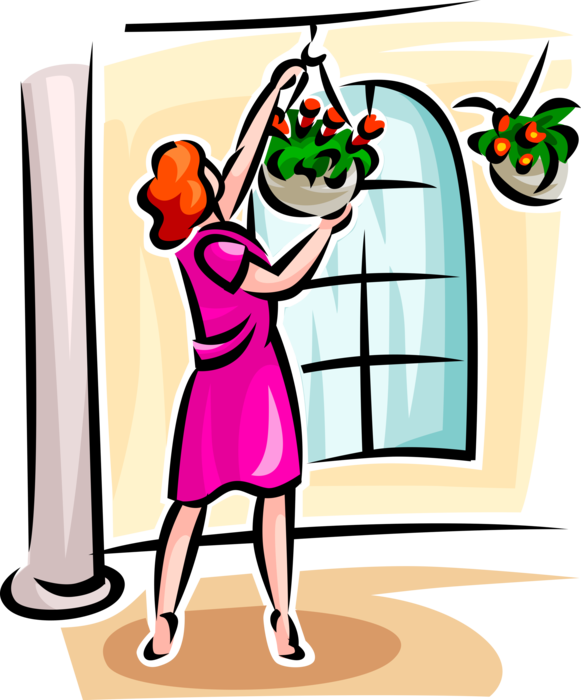 Vector Illustration of Woman with Hanging Basket Flowering Plants