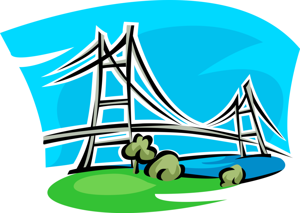 Vector Illustration of Suspension Bridge Roadway Crosses Open Water