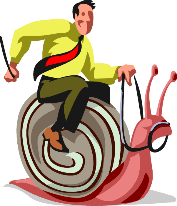 Vector Illustration of Quintessential Loser Businessman Rides Snail or Terrestrial Gastropod Mollusk