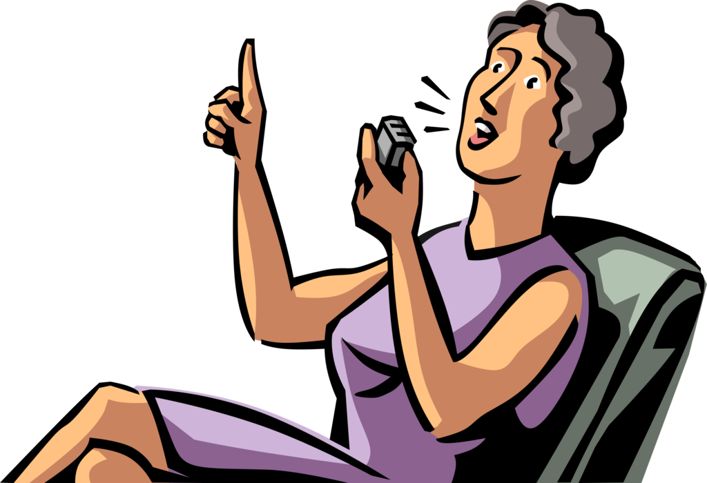 Vector Illustration of Businesswoman Dictates Spoken Words by Speaking Into Recorder Hand-Held Device