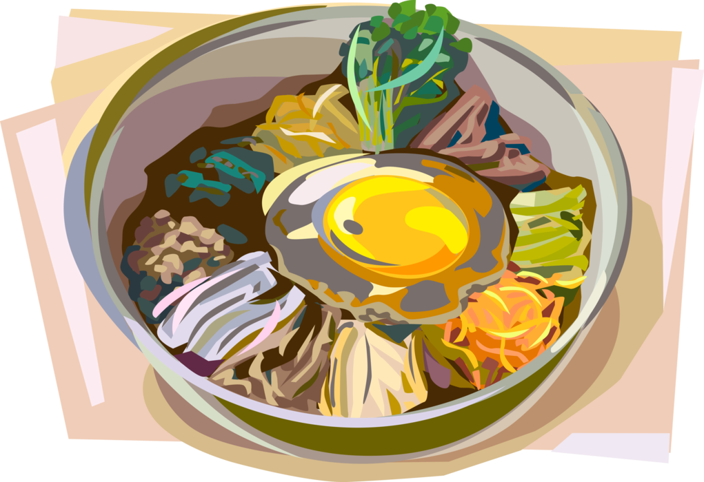Vector Illustration of Korean Cuisine Bibimbap Mixed Rice with Vegetables Topped with Namul and Gochujang