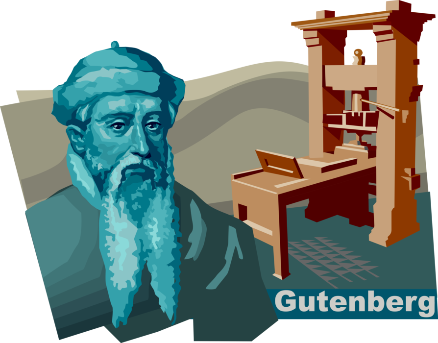 Vector Illustration of Johan Gutenberg, Mechanical Movable Type Inventor of Print Started Printing Revolution