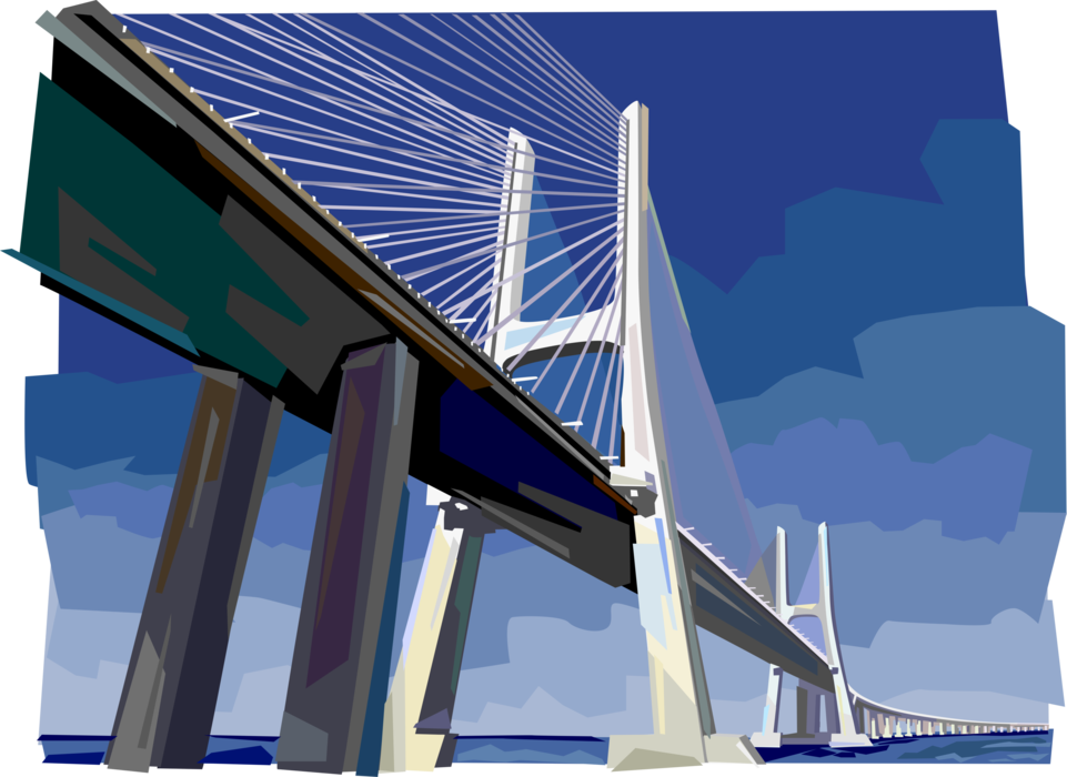 Vector Illustration of Vasco Da Gama Cable-Stayed Bridge, Lisbon, Portugal 