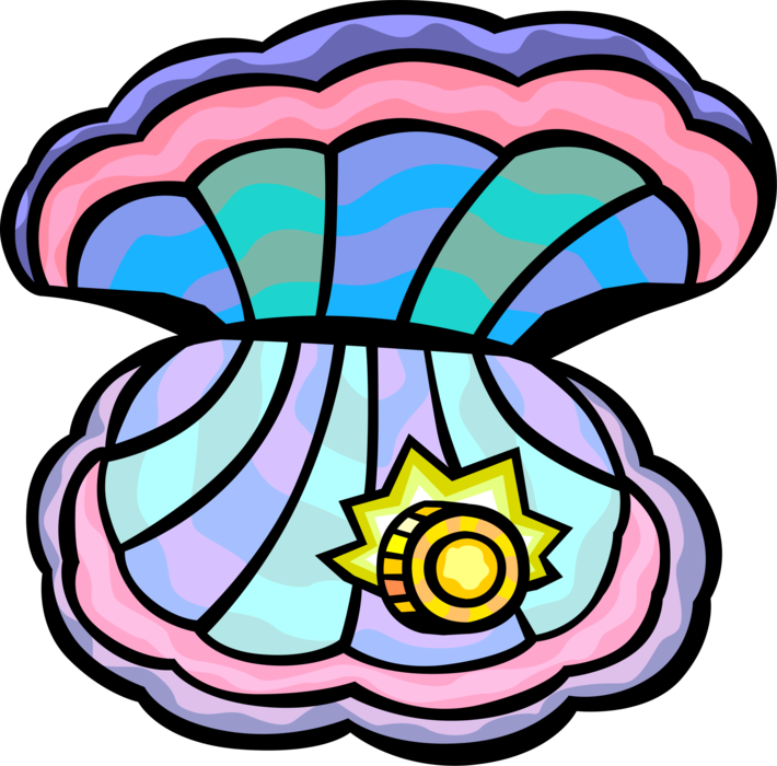 Vector Illustration of Gold Coin in Pearl Oyster Clam Shell