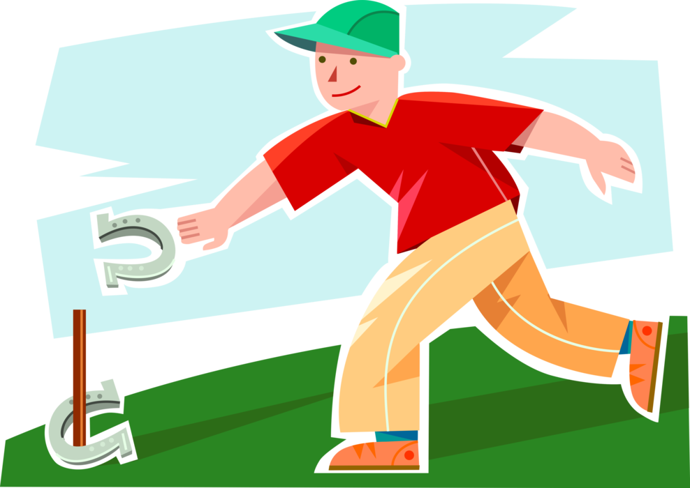 Vector Illustration of Young Boy Plays Horseshoes Outdoor Game Throwing Horseshoe Ringers at Targets Stakes