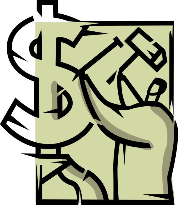 Vector Illustration of Businessman Sculptor with Hammer and Chisel Sculpts Financial Cash Money Dollar Sign