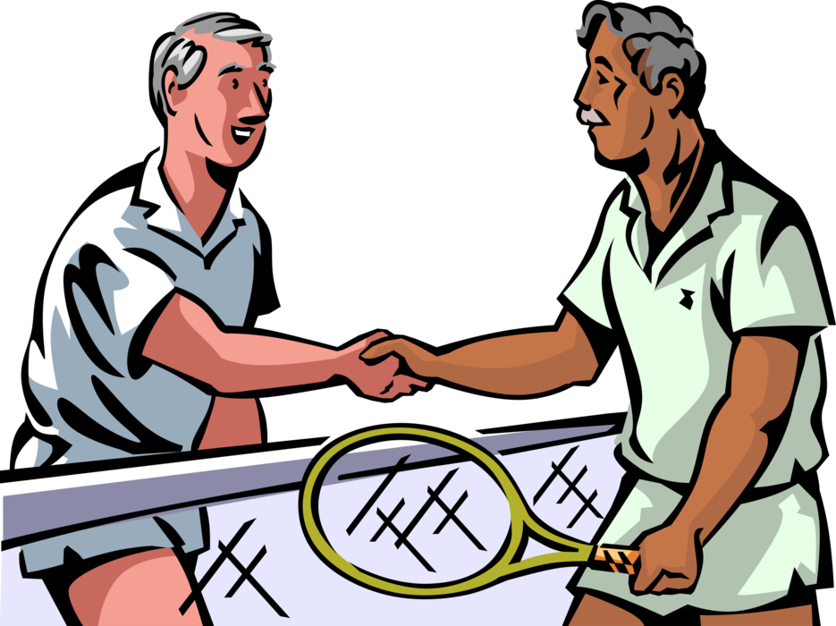 Vector Illustration of Retired Elderly Senior Citizen Tennis Players Shake Hands at Net After Game