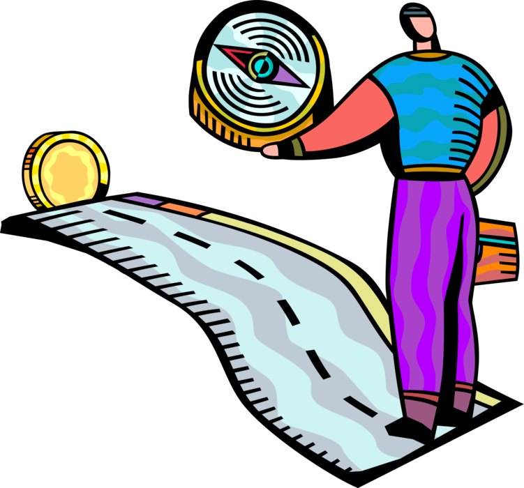 Vector Illustration of Businessman with Magnetic Navigation Compass Follows Road to Financial Success