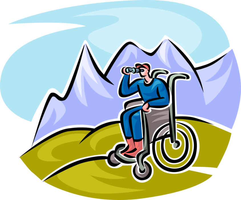 Vector Illustration of Outdoors Enthusiast in Handicapped or Disabled Wheelchair Looks Through Binoculars
