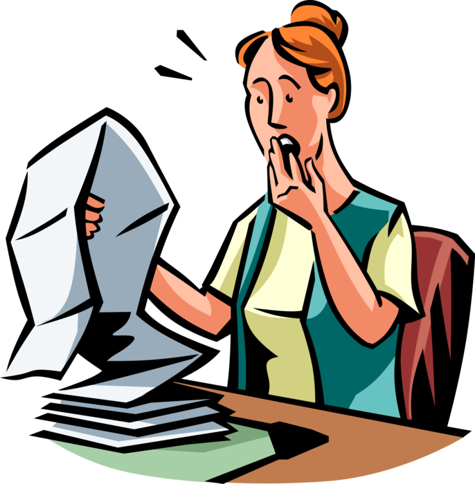 Vector Illustration of Shocked, Surprised and Confused Businesswoman Taken Aback Reading Paperwork Document