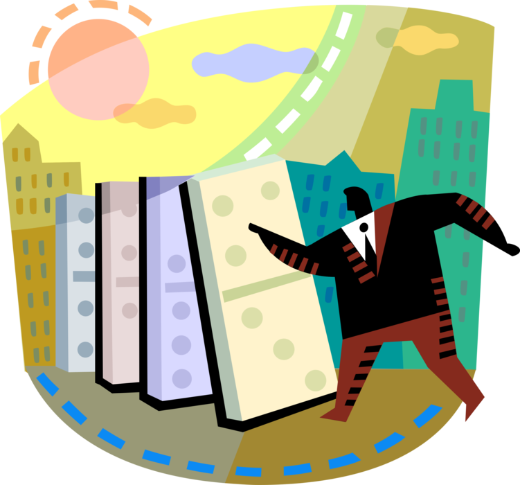 Vector Illustration of Businessman Starts Chain Reaction, Knocks Down Dominoes Dominos Game Rectangular Domino Tiles