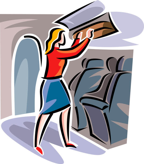 Vector Illustration of Commercial Airline Flight Attendant Places Passenger Luggage in Overhead Compartment