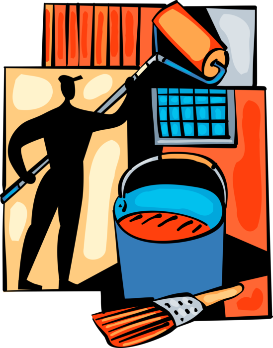 Vector Illustration of Home Renovation and Decoration Painter Painting with Roller, Paint Can, and Paintbrush