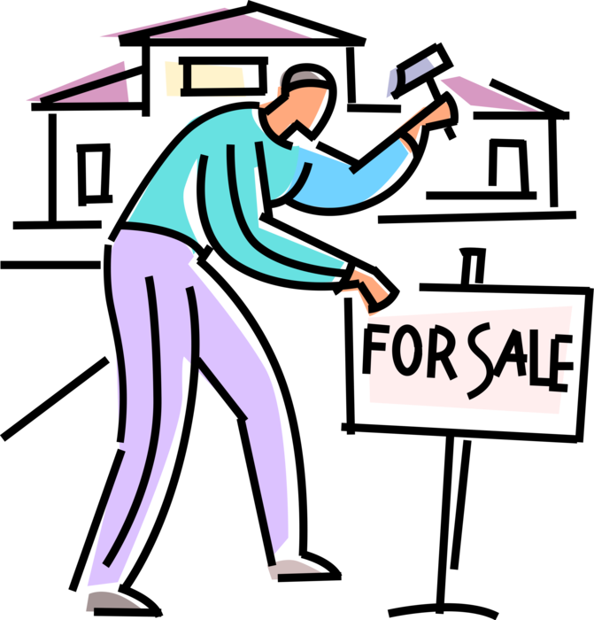 Vector Illustration of Residential Real Estate Broker Hammers For Sale Sign on Lawn of Family Home Residence Dwelling House
