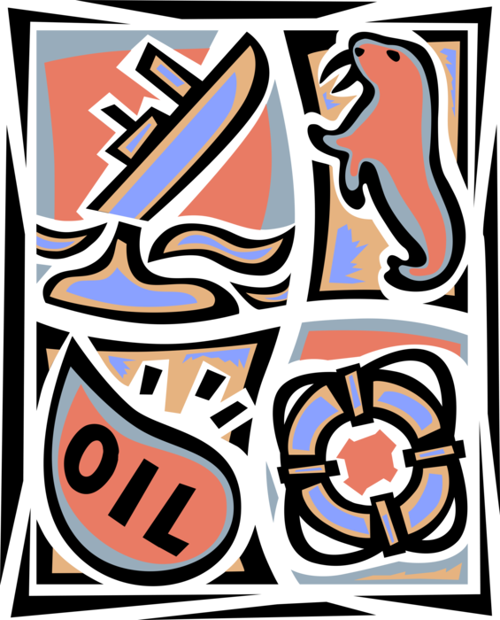 Vector Illustration of Environmental Impact of Fossil Fuel Oil Transport on Marine Ecosystem with Sinking Oil Tanker, Seal