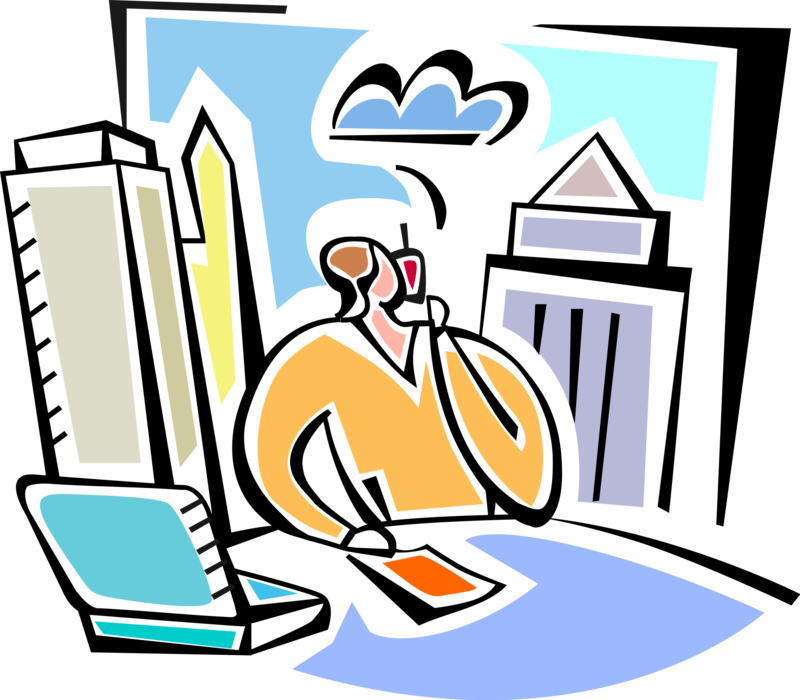 Vector Illustration of Businesswoman in Conversation on Mobile Cell Phone in Office