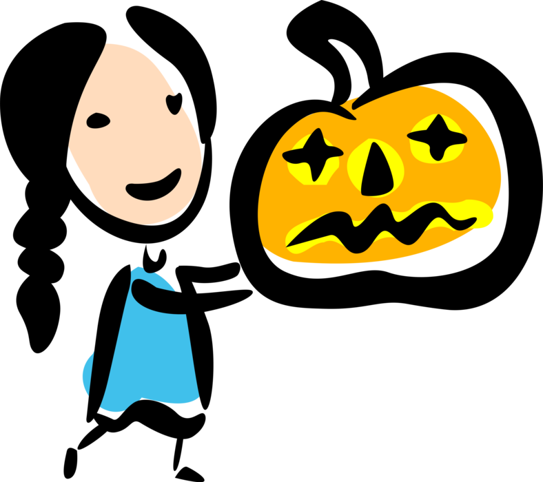 Vector Illustration of Young Girl with Halloween Jack-o'-Lantern Carved Pumpkin
