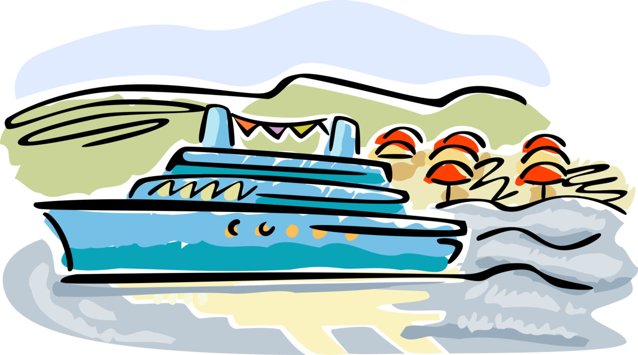 Vector Illustration of Cruise Ship or Ocean Liner Passenger Ship used for Pleasure Voyages at Island Destination Dock