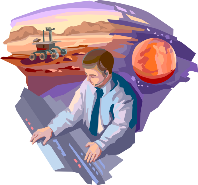 Vector Illustration of Ground Control Worker at Space Center Monitors and Controls Maneuvering Mars Explorer