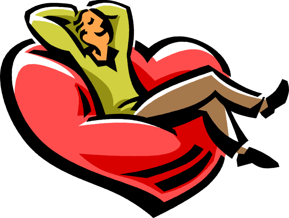Vector Illustration of Romantic Amorous Man Relaxes in Love Heart Shaped Chair