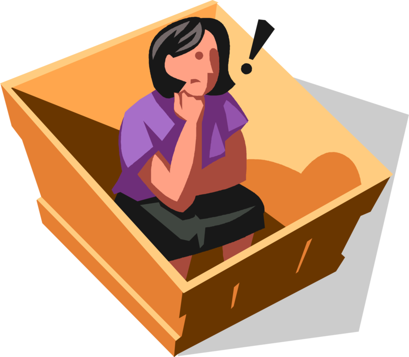 Vector Illustration of Dumbfounded Businesswoman Sits in Restrictive Box Uncertain of Next Move