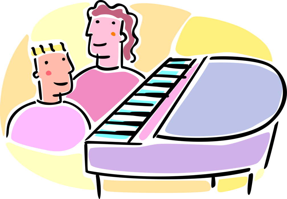 Vector Illustration of Music Student Takes Piano Keyboard Lessons from Teacher