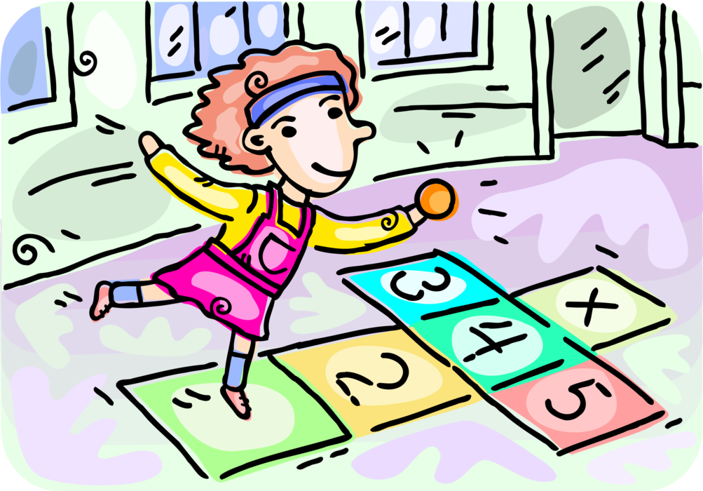 Vector Illustration of Primary or Elementary School Student Girl Playing Hopscotch at Recess